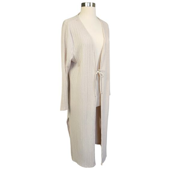 MNG Mango Womens Ribbed Long Duster Cardigan Size Large Beige Tie Front Slits - Picture 4 of 12
